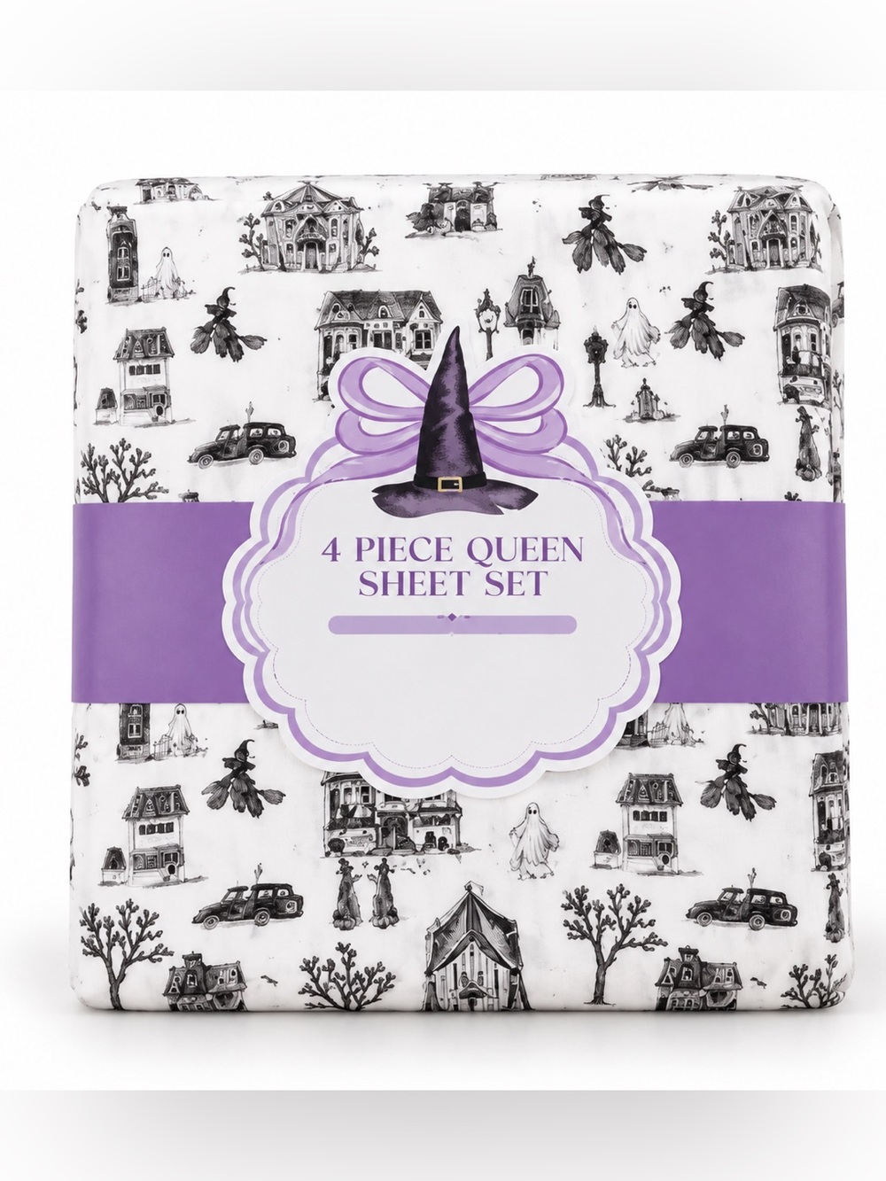 Willow Wonders Halloween Queen Sheet Set 4 Piece Black White Haunted Vill